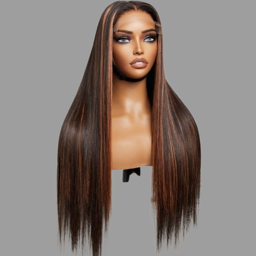 Classic Copper Ombre Highlights Silky Straight Glueless 5x5 Closure Lace Wig #RHS.