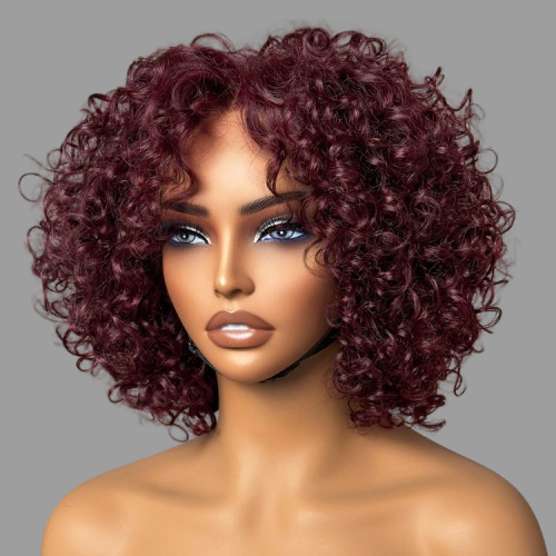 Trendy Burgundy Curly Bob Glueless Minimalist Lace T Part Wig 100% Human Hair #RHS.