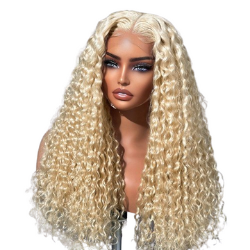 613 Blonde Water Wave Glueless 5x5 Closure Invisible HD Lace Long Blonde Curly Wig 100% Human Hair #RHS.