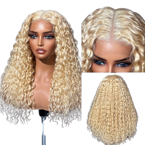 613 Blonde Water Wave Glueless 5x5 Closure Invisible HD Lace Long Blonde Curly Wig 100% Human Hair #RHS.