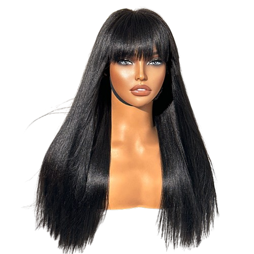 Breathable Cap Yaki Straight Ultra Natural Minimalist Undetectable Lace Long Wig with Bangs #RHS.