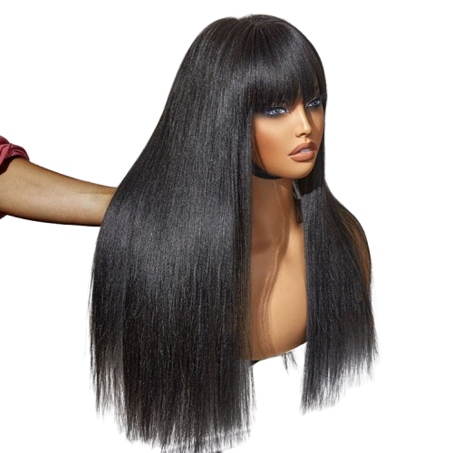 Breathable Cap Yaki Straight Ultra Natural Minimalist Undetectable Lace Long Wig with Bangs #RHS.